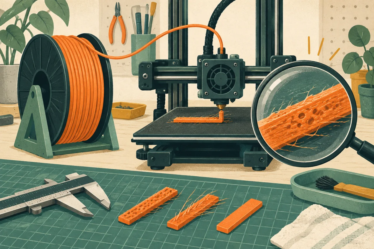 Werkbank mit Filamentspule, 3D-Drucker und vergrößerten rauen, blasigen sowie fädigen Teststrängen.